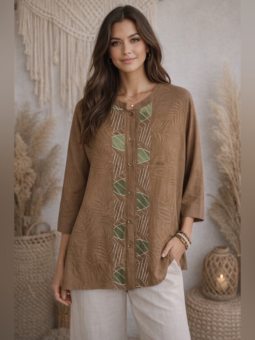Erin London Linen Blend Button Front Top Brown Leaf Print Relaxed Fit Boho
